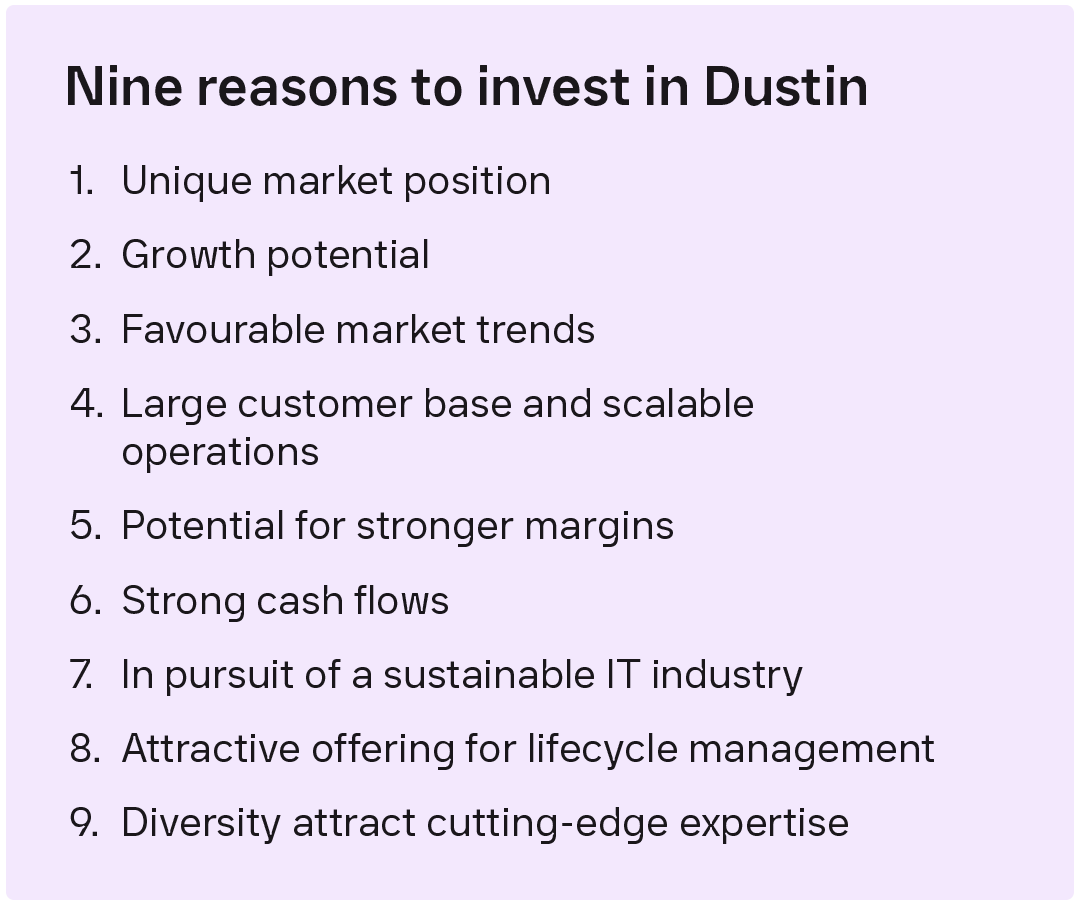 Nio anledningar att investera i Dustin". Alt-texten lyder: "Nio anledningar att investera i Dustin. 1. Unik marknadsposition 2. Tillväxtpotential 3. Gynnsamma marknadstrender 4. Stor kundbas och skalbar verksamhet 5. Potential för marginalförstärkning 6. Starka kassaflöden 7. Drivande för en hållbar IT-bransch 8. Attraktivt erbjudande för livscykelhantering 9. Mångfald attraherar spetskompetens